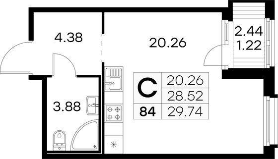 29,7 м², студия, 9/15 этаж