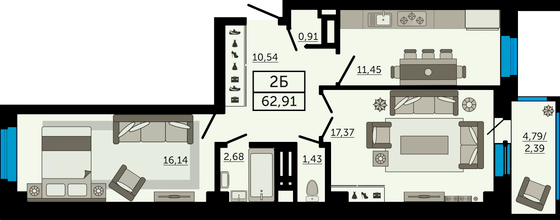 62,9 м², 2-комн. квартира, 3/26 этаж