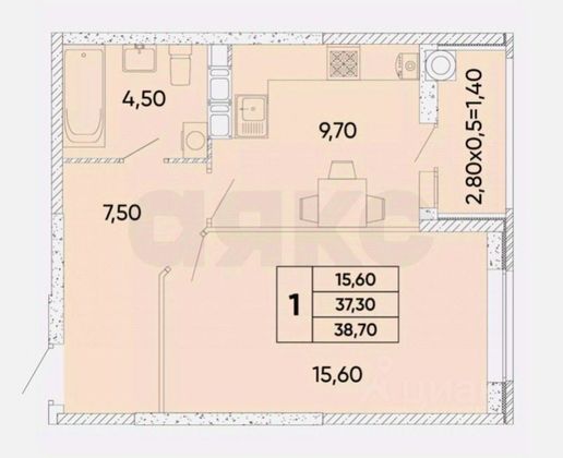 Продажа 1-комнатной квартиры 39,3 м², 9/10 этаж