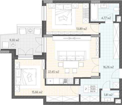 Продажа 2-комнатной квартиры 84,1 м², 2/5 этаж