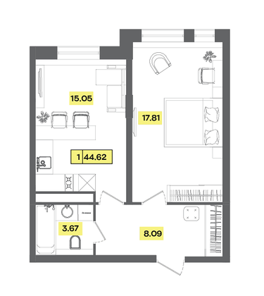 Продажа 2-комнатной квартиры 44,6 м², 3 этаж