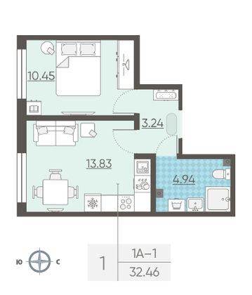 Продажа 1-комнатной квартиры 32,5 м², 2/25 этаж