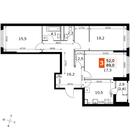 89 м², 3-комн. квартира, 29/43 этаж