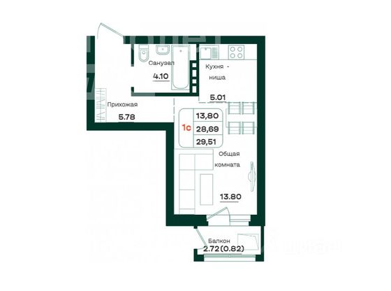 Продажа квартиры-студии 29,5 м², 6/8 этаж