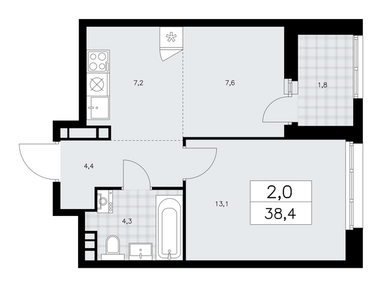 38,4 м², своб. планировка, 8/24 этаж