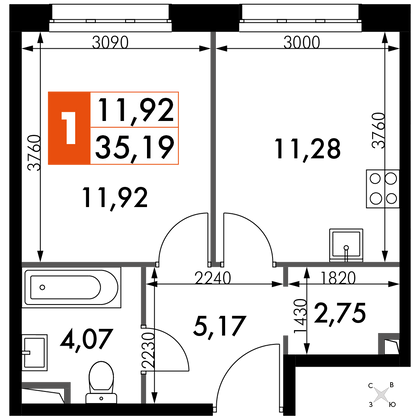 35,2 м², 1-комн. квартира, 15/15 этаж