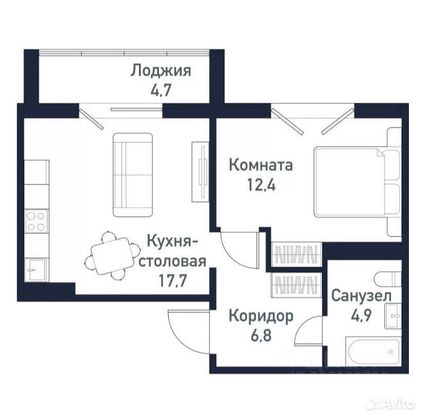 Продажа 1-комнатной квартиры 44,1 м², 7/10 этаж