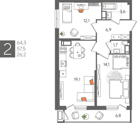 Продажа 2-комнатной квартиры 64,3 м², 21/24 этаж