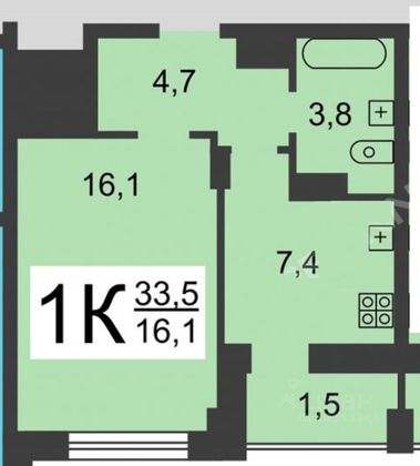 Продажа 1-комнатной квартиры 33,5 м², 7/21 этаж