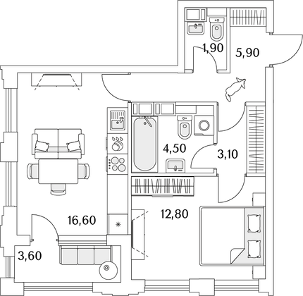 46,6 м², 1-комн. квартира, 7/13 этаж