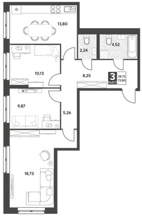 Продажа 3-комнатной квартиры 72,8 м², 22/25 этаж