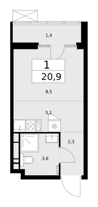 20,9 м², 1-комн. квартира, 15/16 этаж