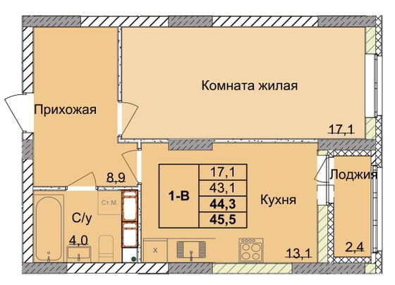 Продажа 1-комнатной квартиры 44,3 м², 9/18 этаж