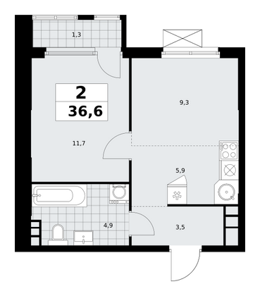 36,6 м², 2-комн. квартира, 16/30 этаж