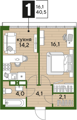 Продажа 1-комнатной квартиры 40,5 м², 16/16 этаж