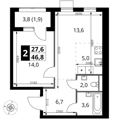 46,8 м², 2-комн. квартира, 3/16 этаж