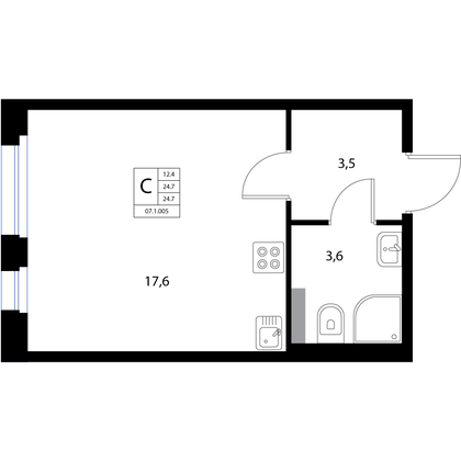 Продажа квартиры-студии 24,7 м², 1/3 этаж