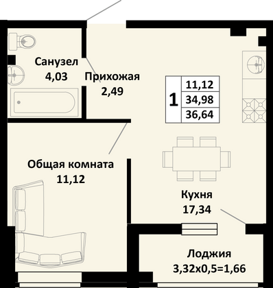 36,6 м², 1-комн. квартира, 1/4 этаж