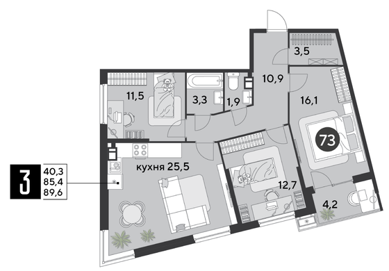 Продажа 3-комнатной квартиры 89,6 м², 9/18 этаж