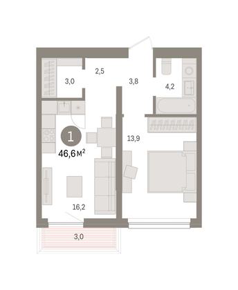 Продажа 1-комнатной квартиры 46,6 м², 3/6 этаж