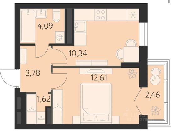 Продажа 1-комнатной квартиры 32,5 м², 2/7 этаж