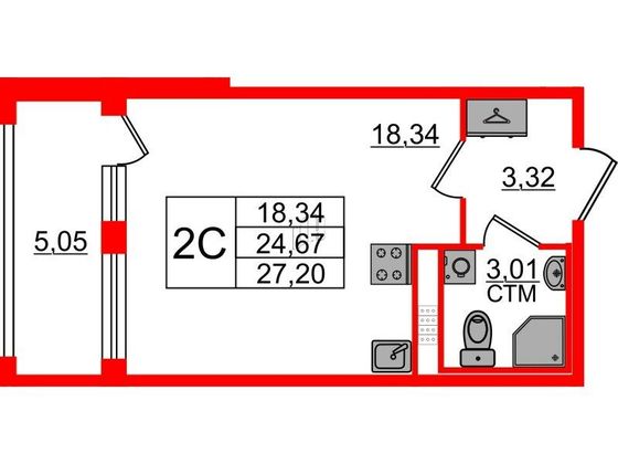 Продажа квартиры-студии 24,7 м², 3/4 этаж