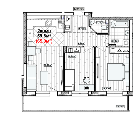 Продажа 2-комнатной квартиры 65,9 м², 14/19 этаж