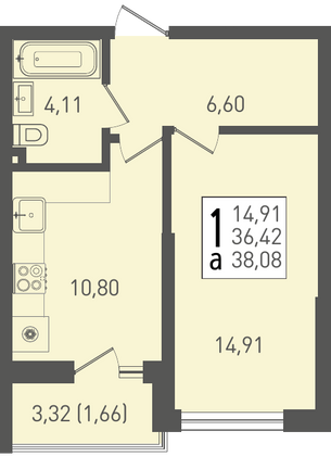 38,1 м², 1-комн. квартира, 2/22 этаж