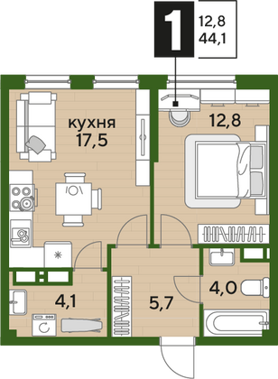 Продажа 1-комнатной квартиры 44,1 м², 14/16 этаж