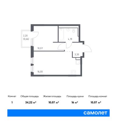 34,2 м², 1-комн. квартира, 10/15 этаж