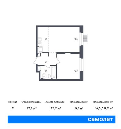 42,8 м², 2-комн. квартира, 10/17 этаж