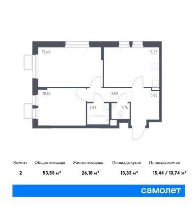 53,5 м², 2-комн. квартира, 15/17 этаж