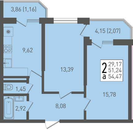 54,5 м², 2-комн. квартира, 19/22 этаж