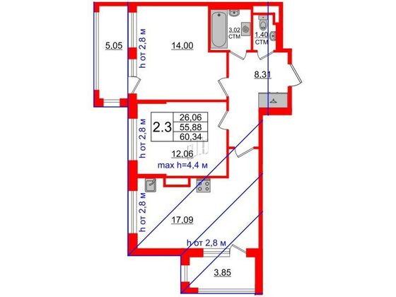 Продажа 2-комнатной квартиры 55,9 м², 4/4 этаж