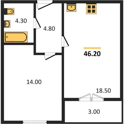 Продажа 1-комнатной квартиры 46,2 м², 2/4 этаж
