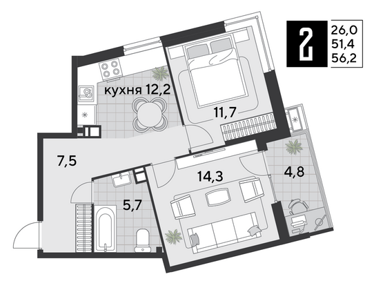 Продажа 2-комнатной квартиры 56,2 м², 6/18 этаж