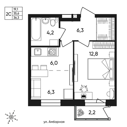 Продажа 2-комнатной квартиры 36,3 м², 1/9 этаж