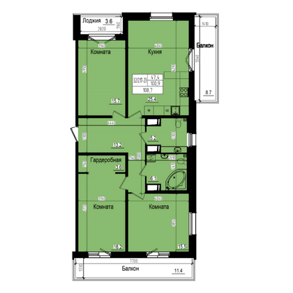 108,7 м², 3-комн. квартира, 22/23 этаж