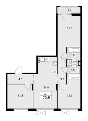 75,9 м², 3-комн. квартира, 7/16 этаж