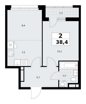 38,4 м², 2-комн. квартира, 4/9 этаж