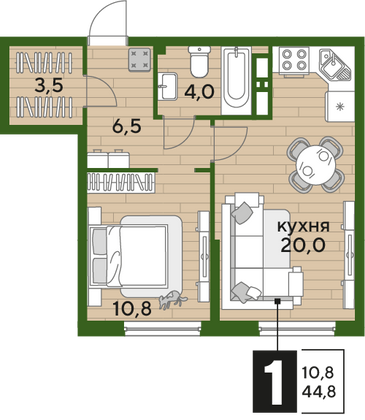 Продажа 1-комнатной квартиры 44,8 м², 10/16 этаж