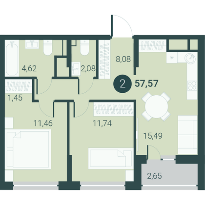 57,6 м², 2-комн. квартира, 21/23 этаж