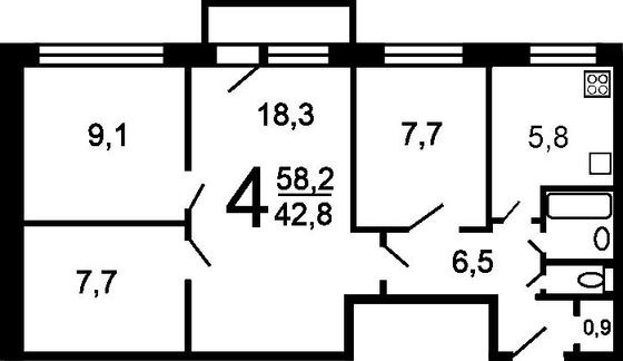Продажа 4-комнатной квартиры 58,8 м², 2/9 этаж