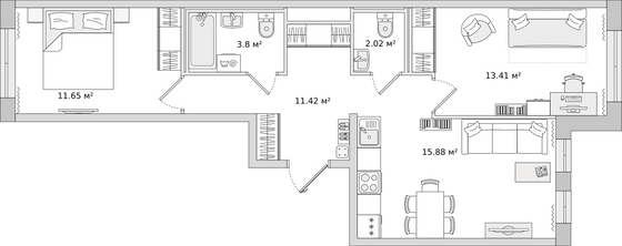 57,8 м², 2-комн. квартира, 2/17 этаж
