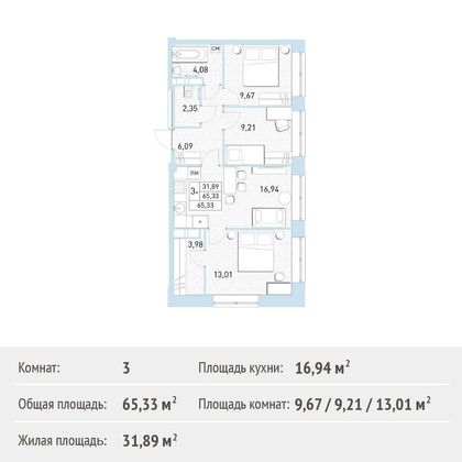 Продажа 3-комнатной квартиры 65,3 м², 4/17 этаж