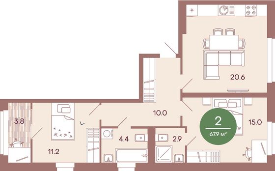 Продажа 2-комнатной квартиры 67,9 м², 1/17 этаж