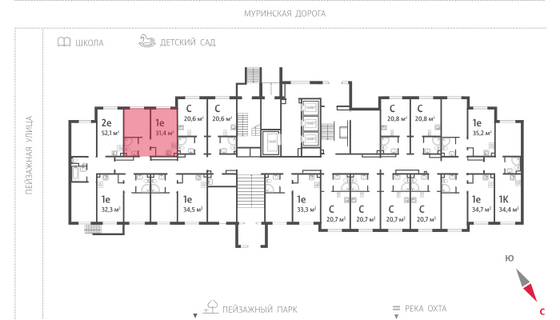 31,4 м², 1-комн. квартира, 1/22 этаж