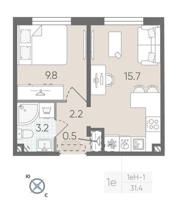 Продажа 1-комнатной квартиры 31,4 м², 1/22 этаж