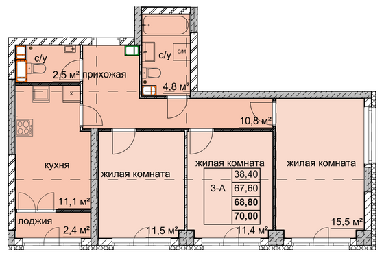 Продажа 3-комнатной квартиры 68,8 м², 13/15 этаж