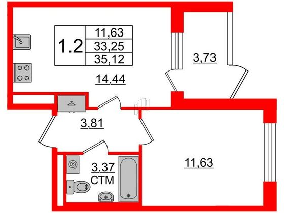 Продажа 1-комнатной квартиры 33,3 м², 1/4 этаж